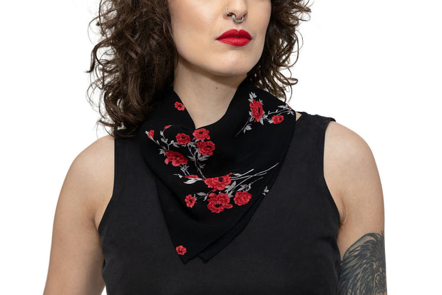 black goth gothy gothic edgy dark alt fashion tencel sustainable organic cotton ethical clothing womenswear red floral scarf
