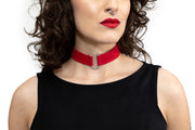 goth gothy gothic edgy dark alt fashion tencel sustainable organic cotton ethical clothing womenswear red suede collar necklace jewelry silver