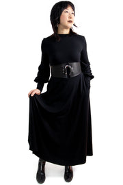 black goth gothy gothic edgy dark alt fashion tencel sustainable organic cotton ethical clothing womenswear bishop sleeves low back maxi dress pockets
