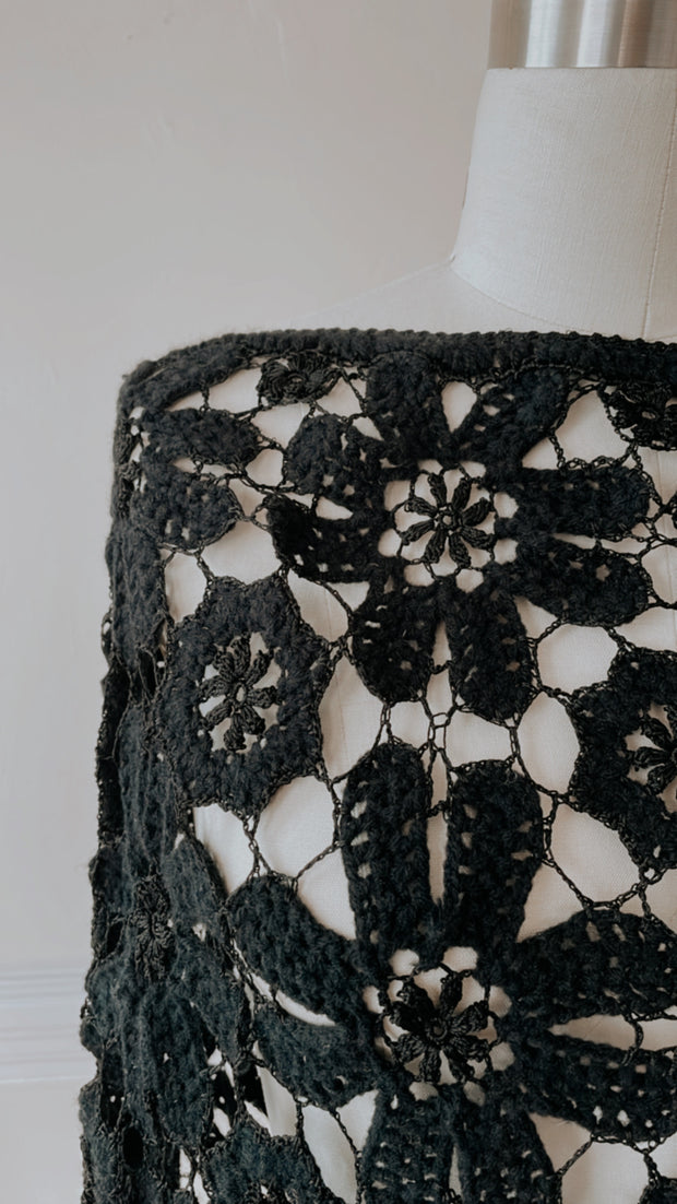 Crocheted black floral poncho