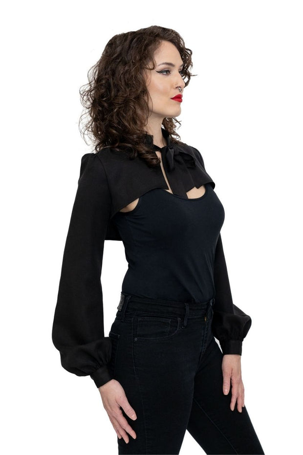 black goth gothy gothic edgy dark alt fashion tencel sustainable organic cotton ethical clothing womenswear bishop sleeve bolero pussy bow bolero